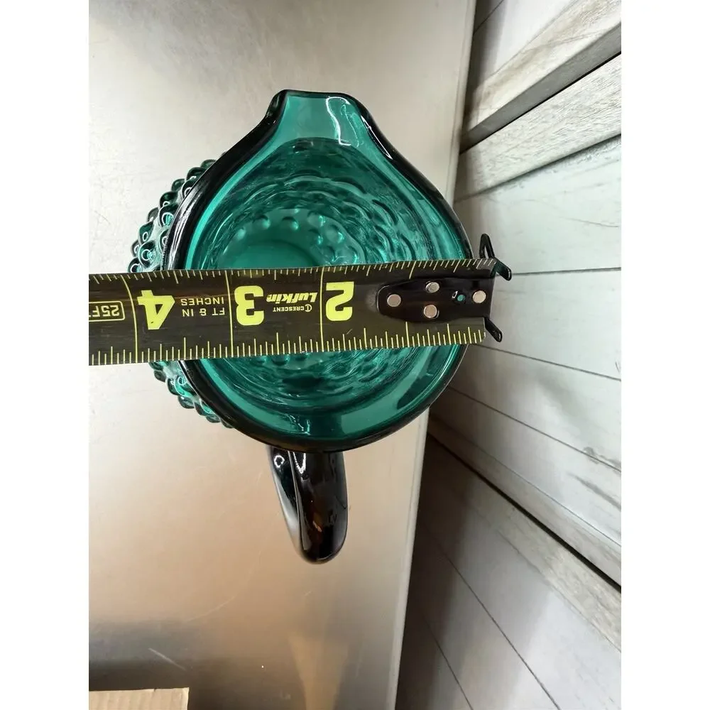 Vintage Hobnail Large Blown Glass Green Pitcher Applied Handle Victorian